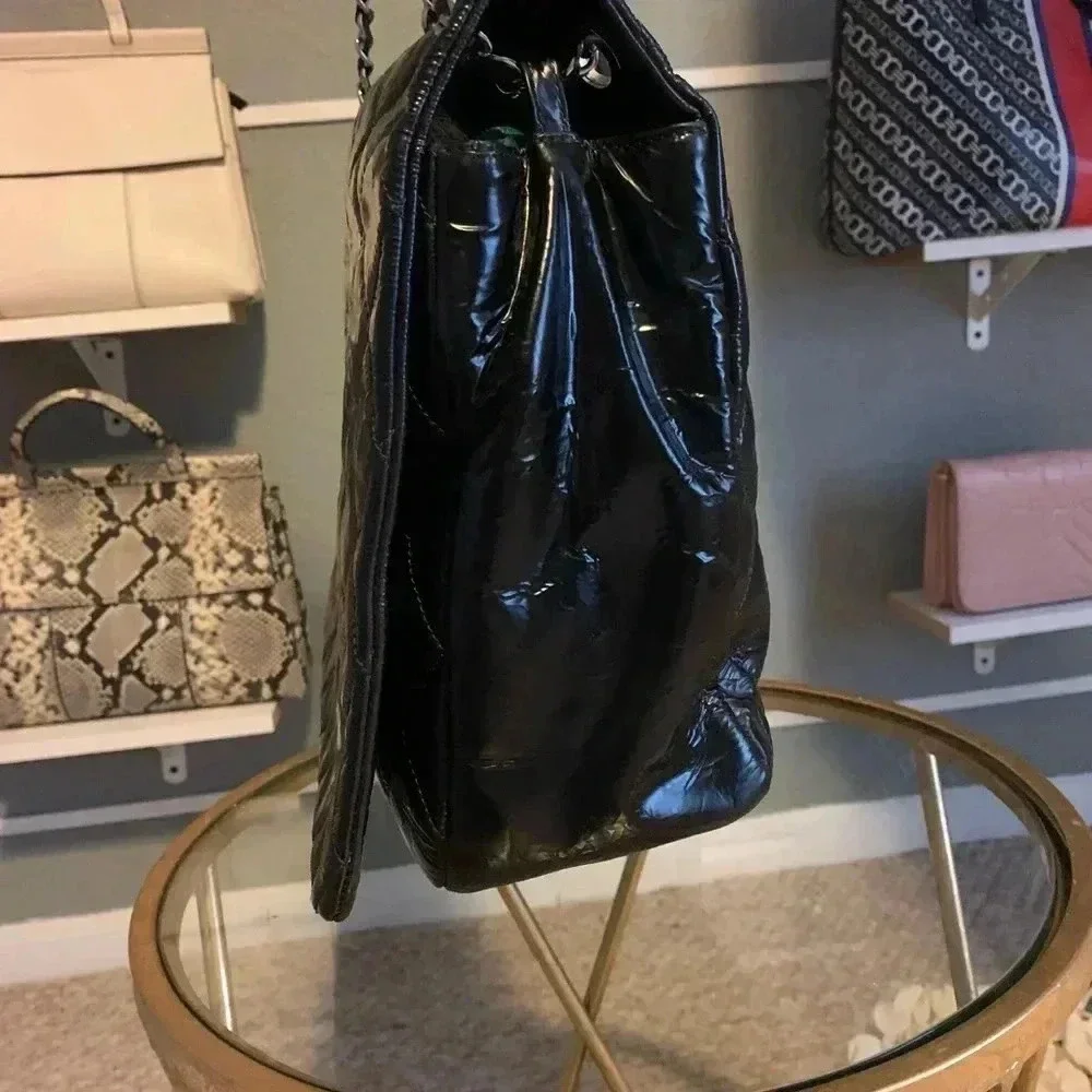 CHANEL X LARGE FLAP PATENT LEATHER QUILTED CC SHOULDER BLACK BAG {RARE FIND}